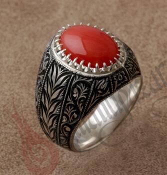 Kızıl Deniz Mercan Özel Kalem işi Gümüş Yüzük Nurullah Daştan Usta - Osmanlı Pazar