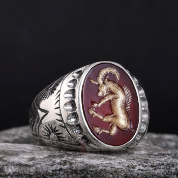 Koç Burcu Sembolü El Kazıması Akik Taşı Gümüş Yüzük - Osmanlı Pazar