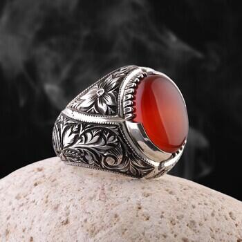 Koleksiyonluk Nurullah Daştan Usta Yemen Akik Taşlı Erzurum Kalem İşİ 925 Ayar Gümüş Yüzük - Osmanlı Pazar