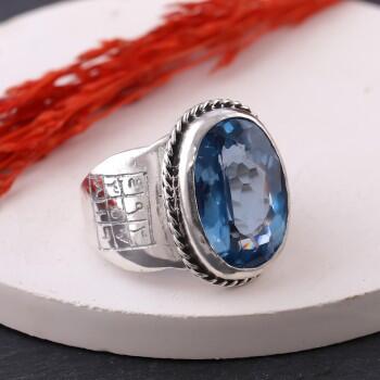 Koruma Vefkli Mavi Topaz Taşlı 925 Ayar Gümüş Yüzük - Osmanlı Pazar