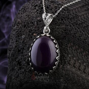 Koyu Ceyt Taşı Kabaşon Kesim 925 Ayar Gümüş İşlemeli Oval Kolye - Osmanlı Pazar