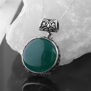 Koyu Yeşil Akik Taşı 925 Ayar Gümüş El İşçiliği Kolye - Osmanlı Pazar
