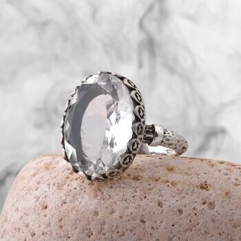 Kristal Kuvars Doğal Taşlı Gümüş Yüzük 925 Ayar Gümüş - Osmanlı Pazar