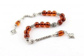 Küre Kesim 925 Ayar Gümüş Püsküllü Damla Kehribar Zaza Tesbih - Osmanlı Pazar