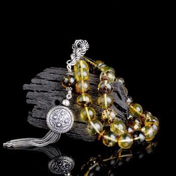 Küre Kesim Fosilli Damla Kehribar 925 Ayar Gümüş Püsküllü Tesbih - Osmanlı Pazar