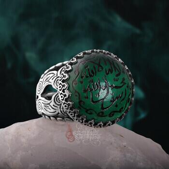 La İlâhe İllallah Muhammeden Resulullah Yazılı Yeşil Akik Taşı 925 Ayar Gümüş El İşi Yüzük - Osmanlı Pazar