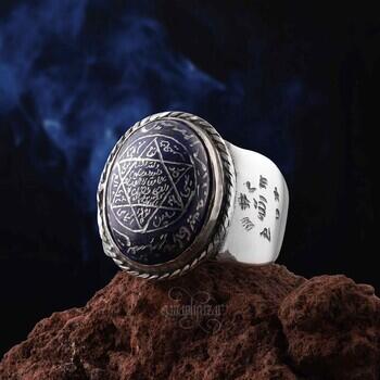 Lapis Lazuli Taşı Hz. Süleyman Mührü Kenarında Hayır Hatemi Yazılı 925 Ayar Gümüş Yüzük - Osmanlı Pazar