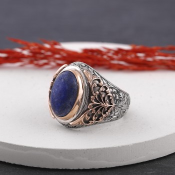 Lapis Lazuli Taşlı Özel Tasarım Nurullah Daştan Usta İşçiliği Bronz İşlemeli Gümüş Yüzük - Thumbnail