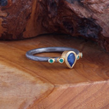 Lapis Lazuli ve Zümrüt Doğal Taşlı 925 Ayar Gümüş Yüzük - Thumbnail