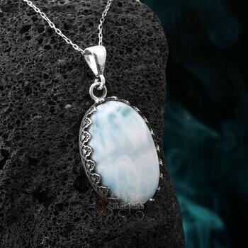 Larimar Doğal Taşlı 925 Ayar Gümüş İşçilikli Oval Model Kolye - Osmanlı Pazar