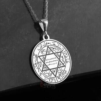 Lazer Yazısı Süleyman Mührü 925 Ayar Gümüş Plaka Kolye - Osmanlı Pazar