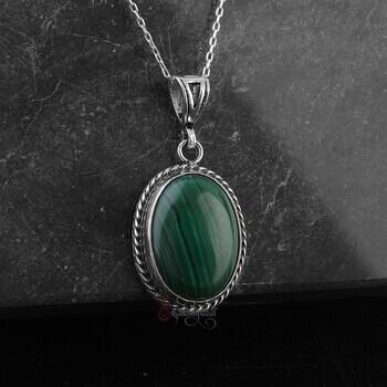 Malahit Doğal Taşlı 925 Ayar Gümüş Minimalist Kolye - Osmanlı Pazar