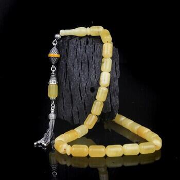 Mat Renk Damla Kehribar Kapsül Kesim 925 Ayar Gümüş Püsküllü Tesbih - Osmanlı Pazar