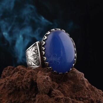 Mavi Akik Doğal Taşlı 925 Ayar Gümüş El İşçiliği Yüzük - Osmanlı Pazar