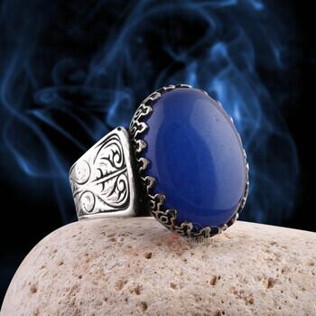 Mavi Akik Taşı 925 Ayar Kalem İşçiliği Gümüş Yüzük - Osmanlı Pazar