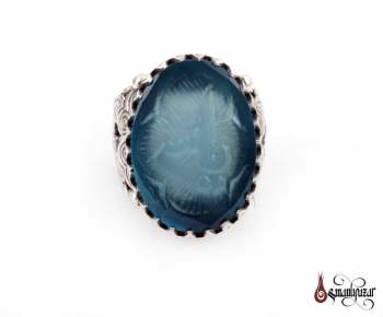 Mavi Akik Taşlı KABARTMA İsim Yazılı 925 Ayar Gümüş Yüzük - Thumbnail