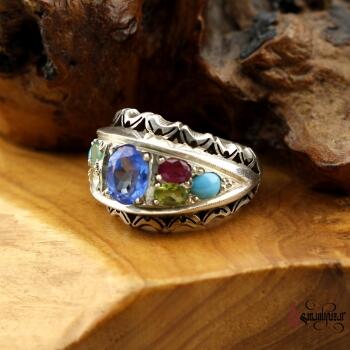 Mavi (Blue) Topaz Taşlı 925 ayar El işi Gümüş Yüzük - Osmanlı Pazar