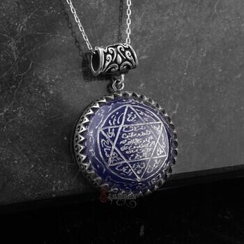 Mavi Doğal Akik Taşı 925 Ayar Gümüş Süleyman Mührü Kolye - Osmanlı Pazar