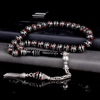 Mercan İşlemeli 925 Ayar Gümüş Püsküllü Erzurum Oltu Taşı Tesbih - Osmanlı Pazar