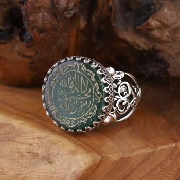 Mührü Nübüvvet Kelimei Tevhit El Yazısı Yeşil Akik Gümüş Yüzük - Osmanlı Pazar