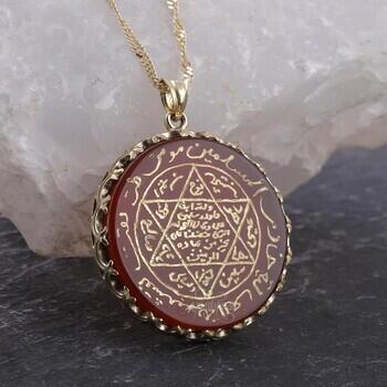 Mührü Süleyman Akik Taşı Kolye Gümüş Üzeri Altın Kaplama - Osmanlı Pazar