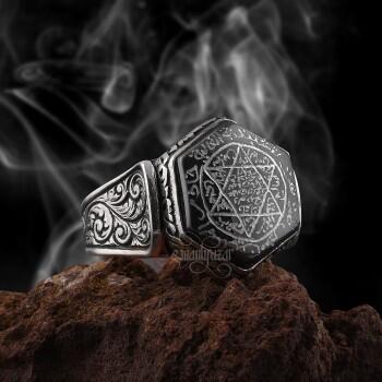 Mührü Süleyman - Hematit Taşlı 6 Köşe Tamamı El Yazması 925 Ayar Gümüş Yüzük - Osmanlı Pazar