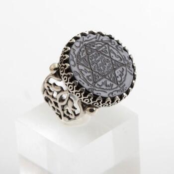 Mührü Süleyman - Siyah AKİK Taşlı 6 Köşe Tamamı EL YAZMASI 925 Ayar Gümüş Yüzük - Osmanlı Pazar