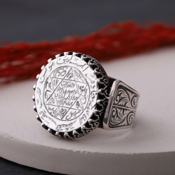 Mührü Süleyman - Tamamı El Yazması 925 Ayar Gümüş Yüzük - M2 - Thumbnail