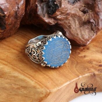 Mührü Süleyman - Tamamı El Yazması 925 Ayar Gümüş Yüzük Mavi Akik Taşlı - Osmanlı Pazar