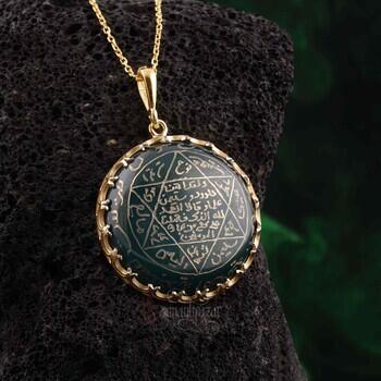 Mührü Süleyman Yeşil Akik Taşı Altın Kaplama Gümüş Kolye El Kazıması - Osmanlı Pazar