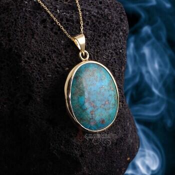 Nişabur Firuze Doğal Taşlı Gümüş Sıvama Kolye Altın Kaplama - Osmanlı Pazar