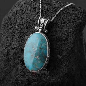 Nişabur Firuze Doğal Taşlı Kolye 925 Gümüş El Yapımı - Osmanlı Pazar