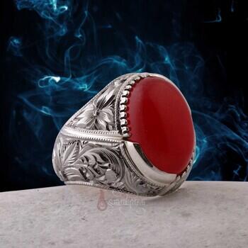 Nurullah Daştan Usta Erzurum Kalem İşçilikli Özel Tasarım 925 Ayar Gümüş Kızıl Yemen Akik Yüzük - Osmanlı Pazar