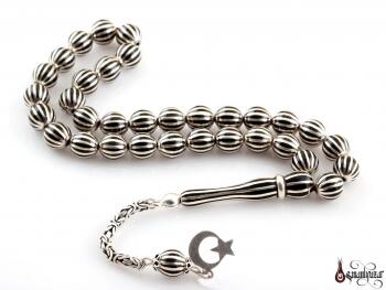 Oltu Tesbih 12 Li Karpuz Yarma Gümüş İşleme - Osmanlı Pazar