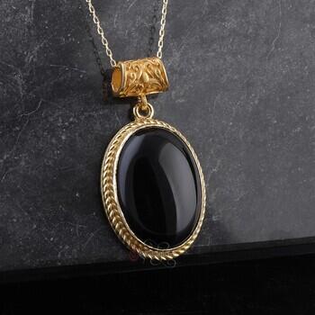 Oniks Taşı Altın Kaplama 925 Ayar Gümüş Oval Tasarım El İşçiliği Kolye - Osmanlı Pazar