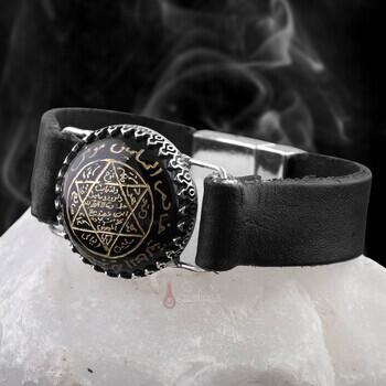  Onix Taşı Üzeri Mührü Süleyman El Yazması Deri Kordonlu Bileklik - Osmanlı Pazar