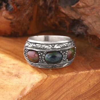 Opal Üç Taşlı Gümüş Erkek Alyans - Osmanlı Pazar