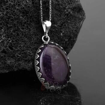 Orijinal Ametist Doğaltaş Koyu Renk 925 Ayar Gümüş Kolye - Osmanlı Pazar