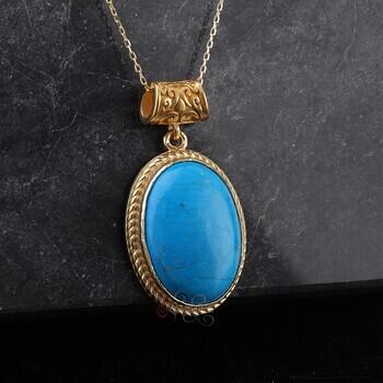 Orijinal Firuze Taşı Altın Kaplama 925 Ayar Gümüş Çift Burgu Kolye - Osmanlı Pazar