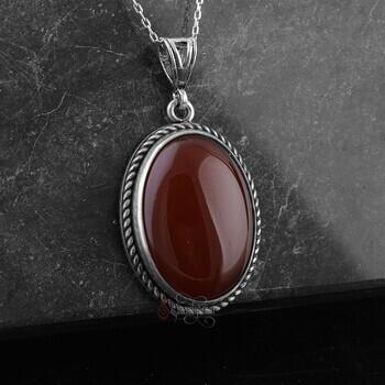 Orijinal Kırmızı Akik Taşı 925 Ayar Gümüş El Yapımı Kolye - Osmanlı Pazar