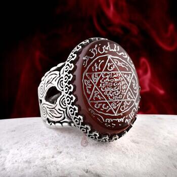 Orijinal Kızıl Yemen Akik Taşı Hz. Süleyman Mührü Elde Oyma Sanatı Gümüş Yüzük - Osmanlı Pazar