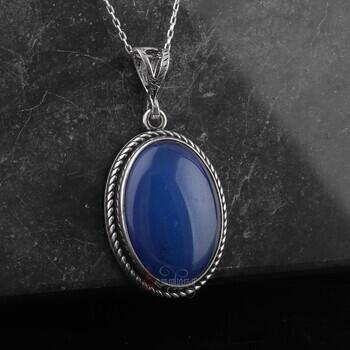 Orijinal Mavi Akik Taşı 925 Ayar Gümüş Burgu İşlemeli Kolye - Osmanlı Pazar