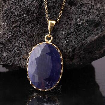 Orijinal Safir Taşı Altın Kaplama Oval Model Gümüş Kolye - Osmanlı Pazar