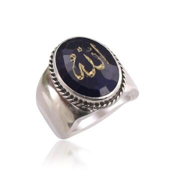 Orijinal Safir Taşlı ALLAH Yazılı 925 Ayar Gümüş Erkek Yüzük - Osmanlı Pazar