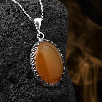 Orijinal Sarı Akik Taşlı 925 Ayar Gümüş Oval Kolye - Osmanlı Pazar