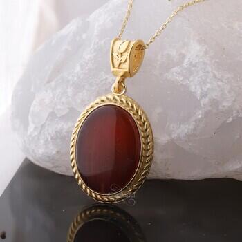 Orijinal Yemen Akik Taşı Altın Kaplama 925 Ayar Gümüş Minimal Tasarım Kolye - Osmanlı Pazar