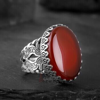 Orijinal Yemen Akik Taşı Kalem İşlemeli 925 Ayar Gümüş Yüzük - Osmanlı Pazar