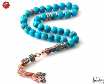 Orjinal Turkuaz (Firuze) Tesbih Zirkon Taşlı Otantik İmame Ve Püskül - Osmanlı Pazar