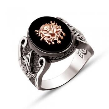 Osmanlı Armalı Oniks Taşlı Gümüş Erkek Yüzük - Osmanlı Pazar
