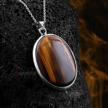 Oval Model Kaplan Gözü Doğal Taş Gümüş Kolye - Osmanlı Pazar